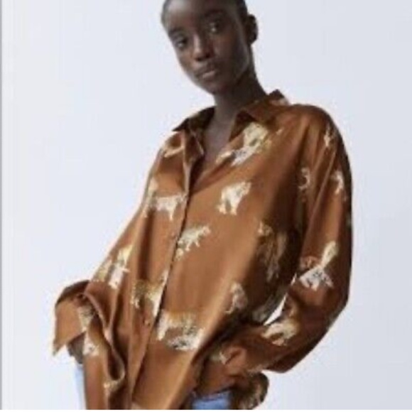 Zara brown oversized button down printed shirt, Sz Small - Picture 8 of 8